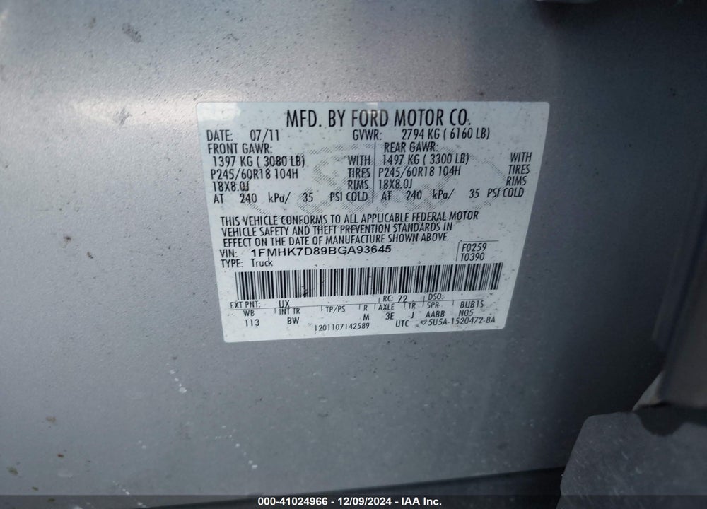 2011 FORD EXPLORER XLT VIN: 1FMHK7D89BGA93645