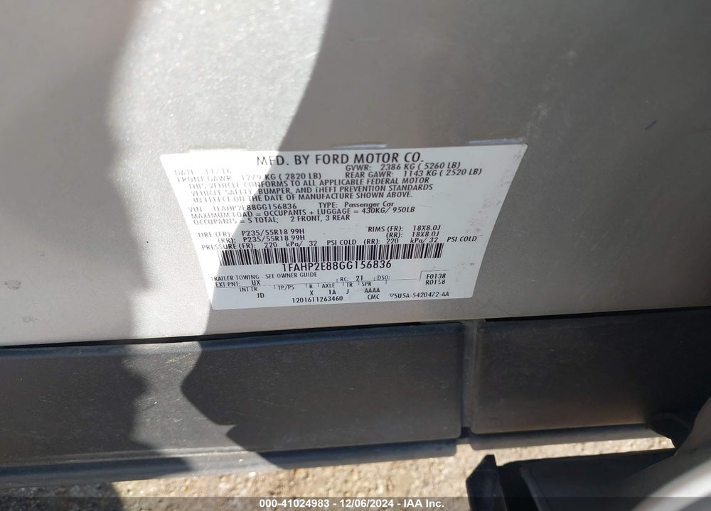 2016 FORD TAURUS SEL VIN: 1FAHP2E88GG156836
