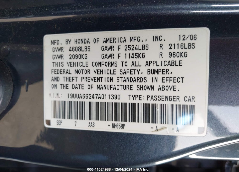 2007 ACURA TL VIN: 19UUA66247A011390