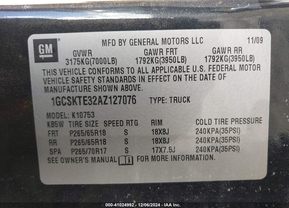 2010 CHEVROLET SILVERADO 1500 LTZ VIN: 1GCSKTE32AZ127076
