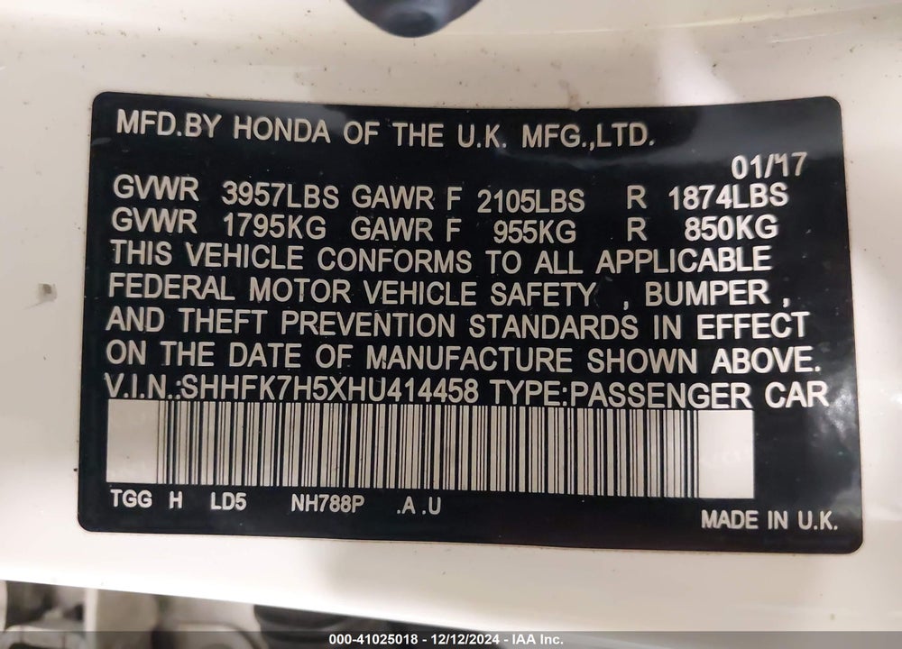2017 HONDA CIVIC EX VIN: SHHFK7H5XHU414458