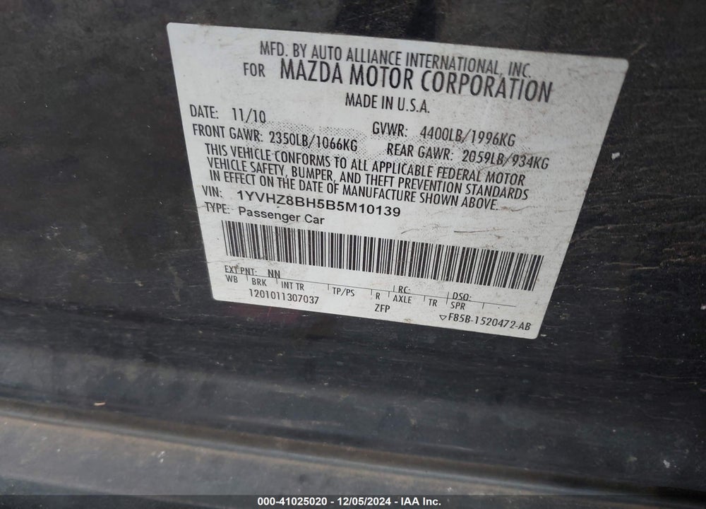 2011 MAZDA MAZDA6 VIN: 1YVHZ8BH5B5M10139