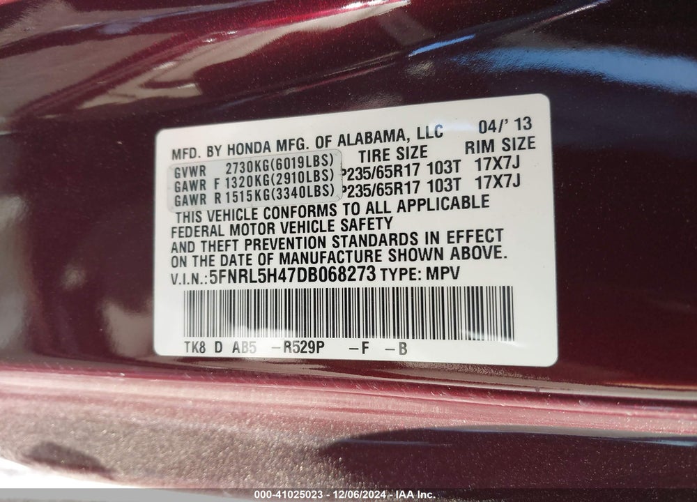 2013 HONDA ODYSSEY EX VIN: 5FNRL5H47DB068273
