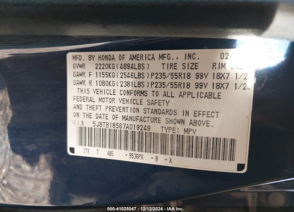 2007 ACURA RDX VIN: 5J8TB18567A019249