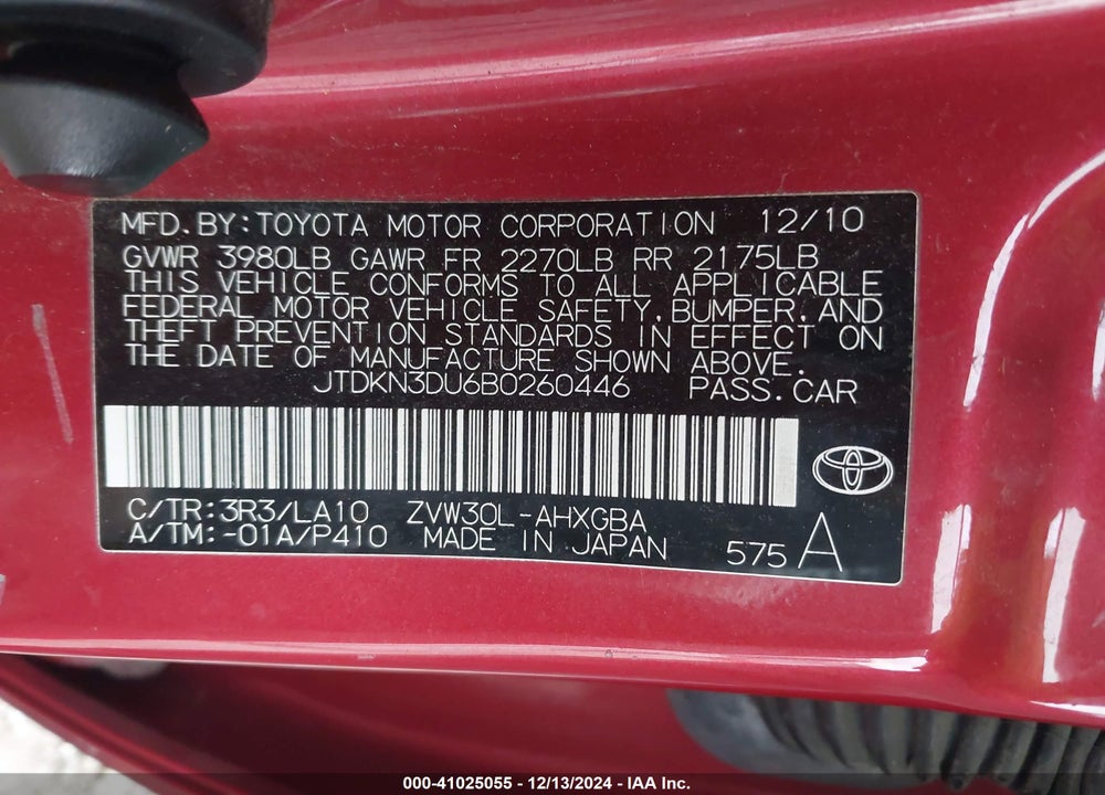 2011 TOYOTA PRIUS VIN: JTDKN3DU6B0260446