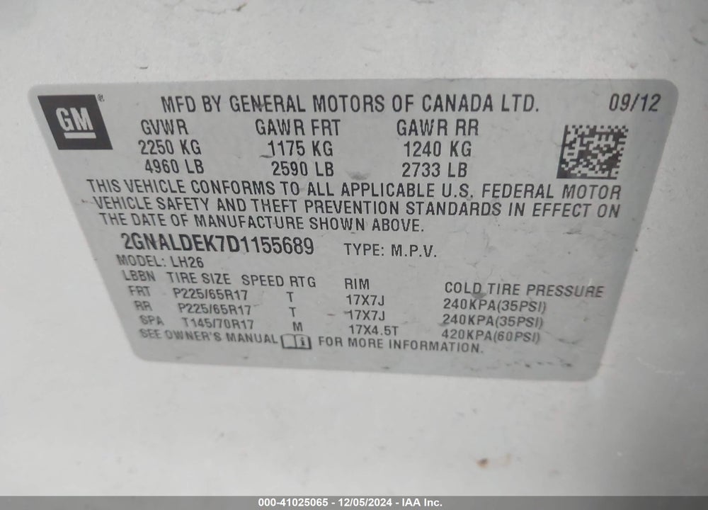 2013 CHEVROLET EQUINOX 1LT VIN: 2GNALDEK7D1155689