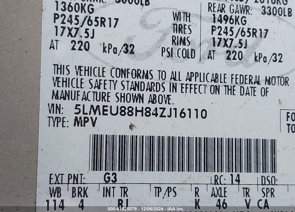 2004 LINCOLN AVIATOR VIN: 5LMEU88H84ZJ16110