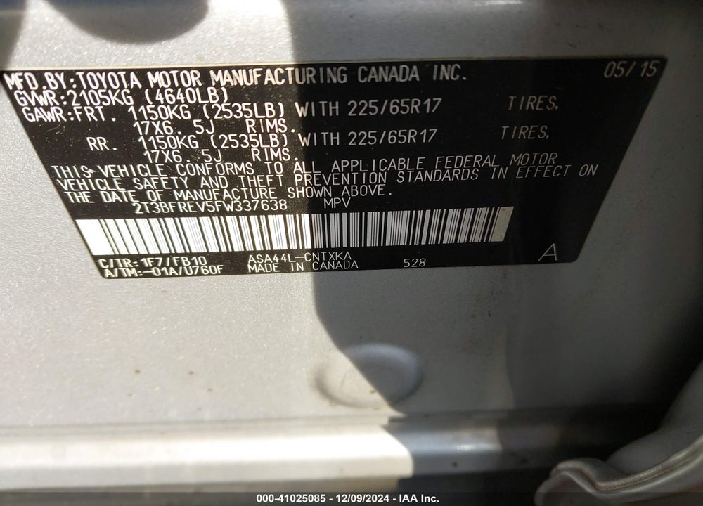 2015 TOYOTA RAV4 LE VIN: 2T3BFREV5FW337638