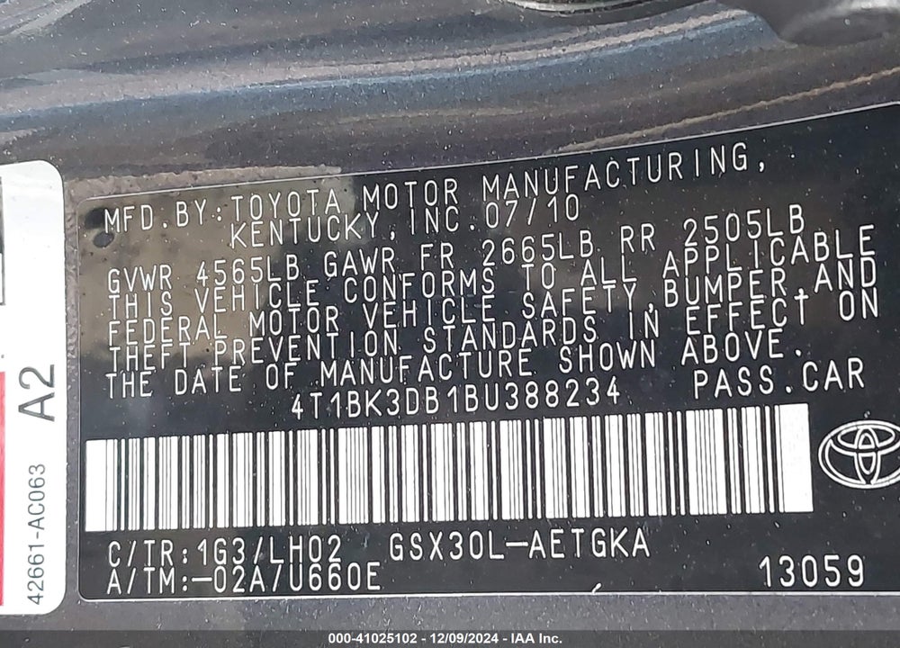 2011 TOYOTA AVALON VIN: 4T1BK3DB1BU388234