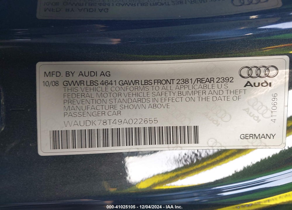 2009 AUDI A5 3.2L VIN: WAUDK78T49A022655
