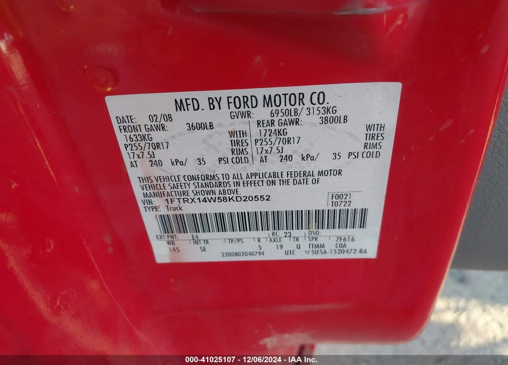 2008 FORD F-150 STX/XL/XLT VIN: 1FTRX14W58KD20552