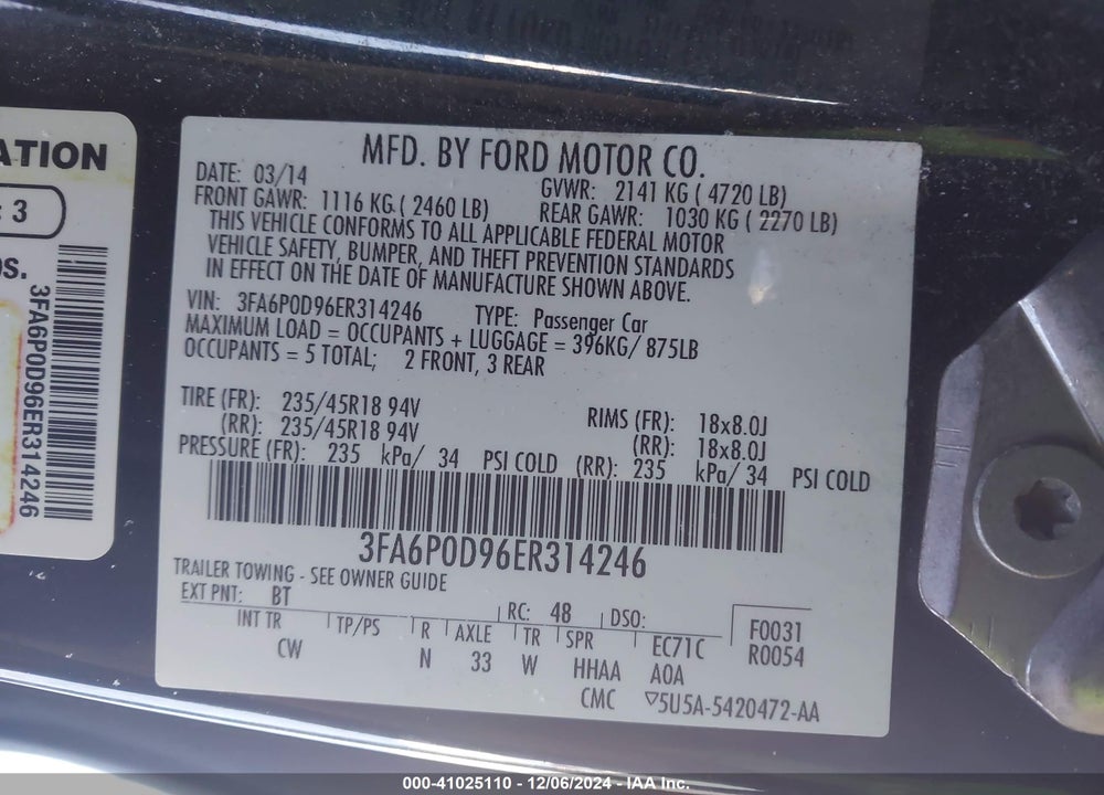 2014 FORD FUSION TITANIUM VIN: 3FA6P0D96ER314246