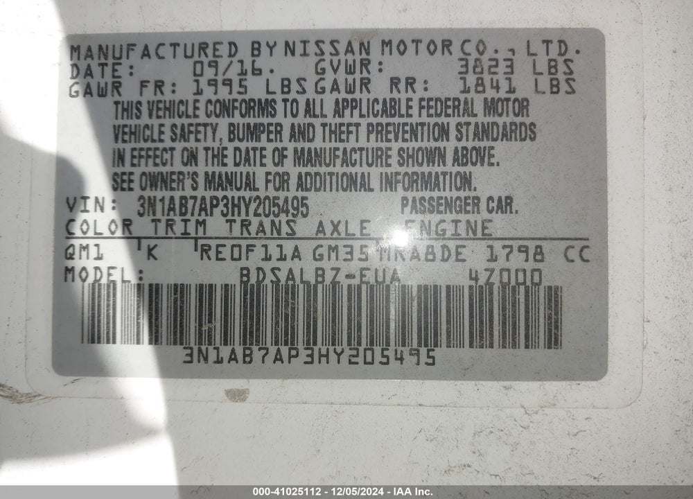 2017 NISSAN SENTRA VIN: 3N1AB7AP3HY205495