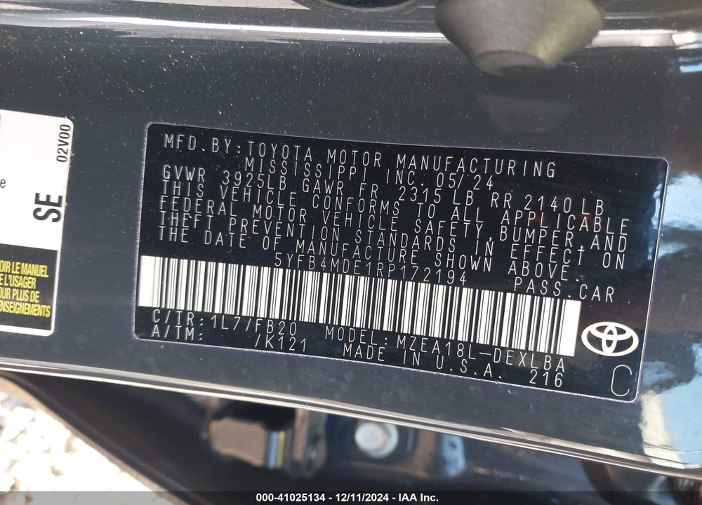 2024 TOYOTA COROLLA LE VIN: 5YFB4MDE1RP172194