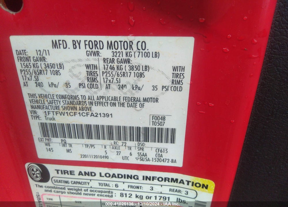 2012 FORD F-150 XLT VIN: 1FTFW1CF1CFA21391