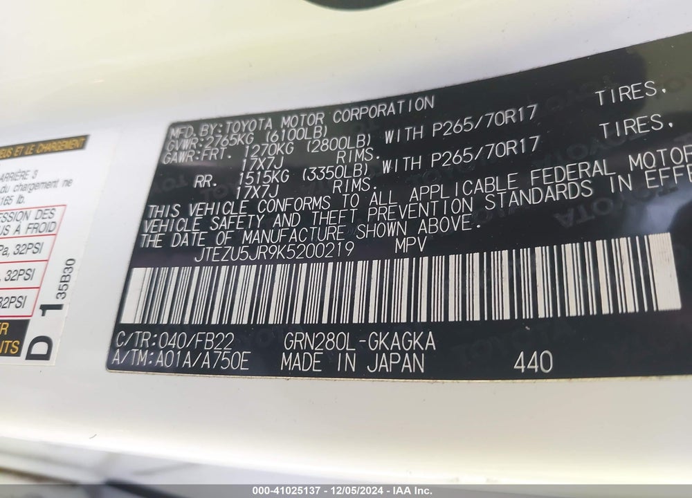 2019 TOYOTA 4RUNNER SR5 VIN: JTEZU5JR9K5200219