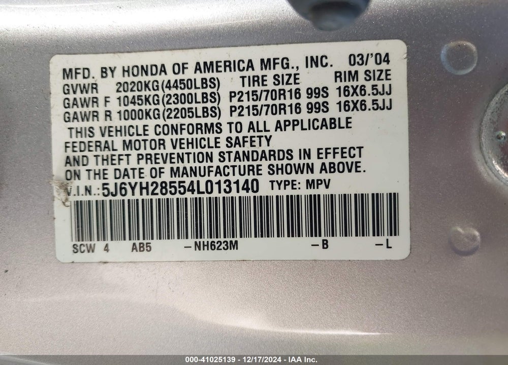 2004 HONDA ELEMENT EX VIN: 5J6YH28554L013140