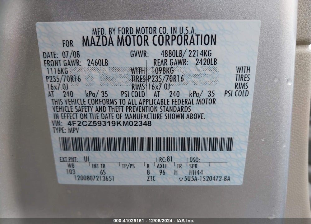 2009 MAZDA TRIBUTE HYBRID GRAND TOURING VIN: 4F2CZ59319KM02348