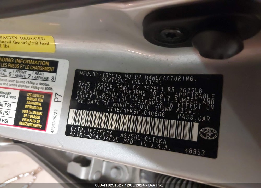 2012 TOYOTA CAMRY SE VIN: 4T1BF1FK9CU010606
