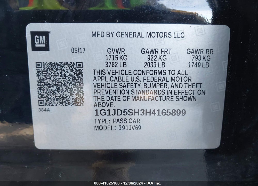 2017 CHEVROLET SONIC LT AUTO VIN: 1G1JD5SH3H4165899