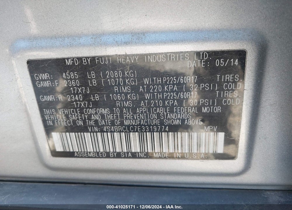 2014 SUBARU OUTBACK 2.5I LIMITED VIN: 4S4BRCLC7E3319774