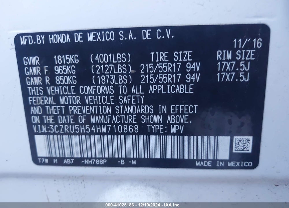 2017 HONDA HR-V EX VIN: 3CZRU5H54HM710868