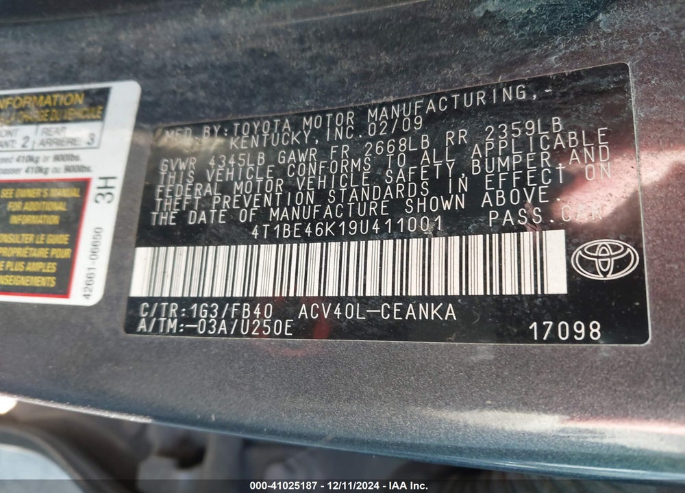 2009 TOYOTA CAMRY LE VIN: 4T1BE46K19U411001