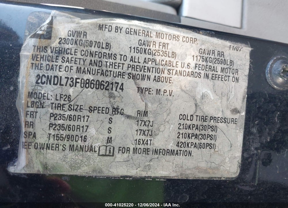2008 CHEVROLET EQUINOX LTZ VIN: 2CNDL73F086062174
