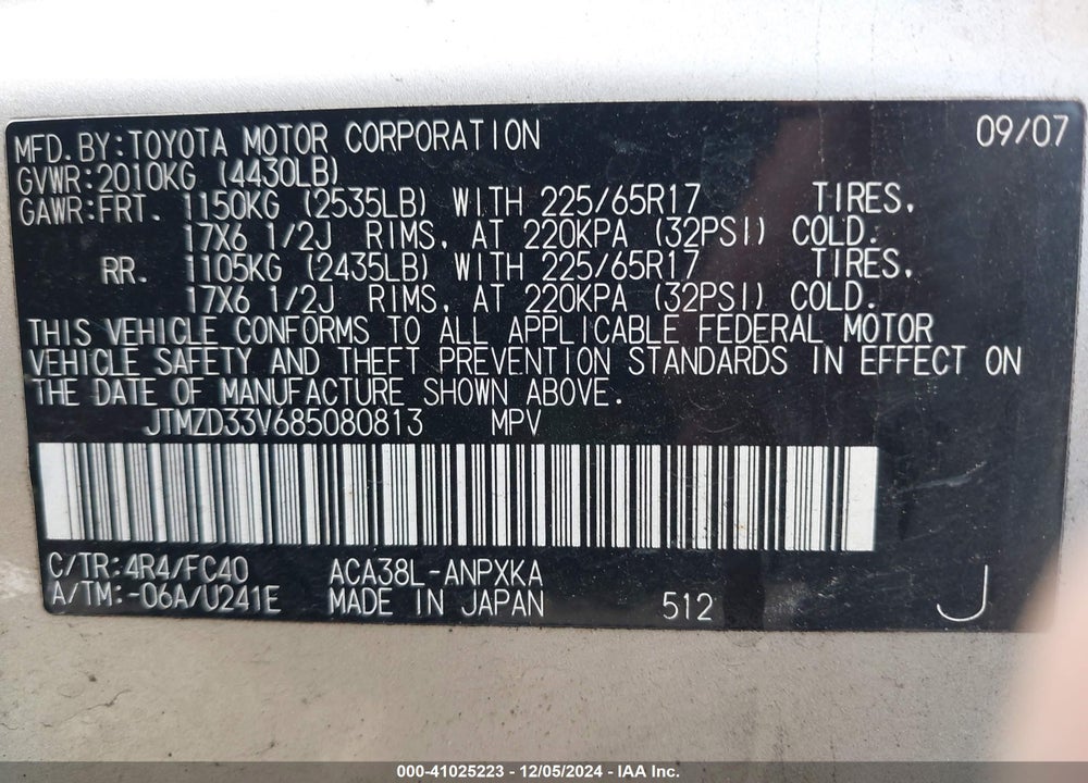2008 TOYOTA RAV4 VIN: JTMZD33V685080813