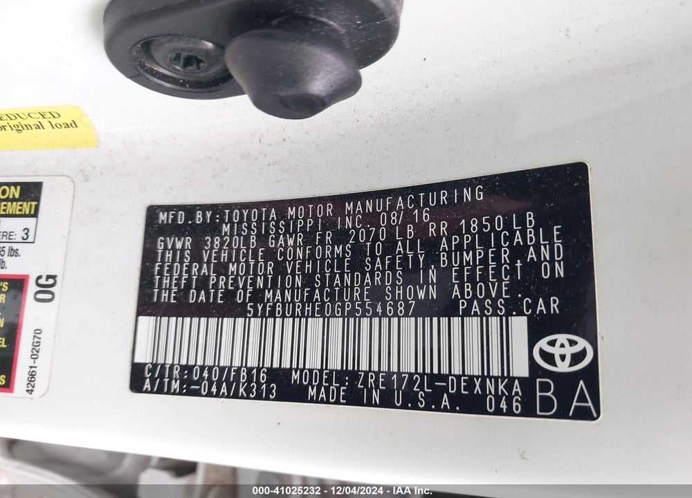 2016 TOYOTA COROLLA LE VIN: 5YFBURHE0GP554687