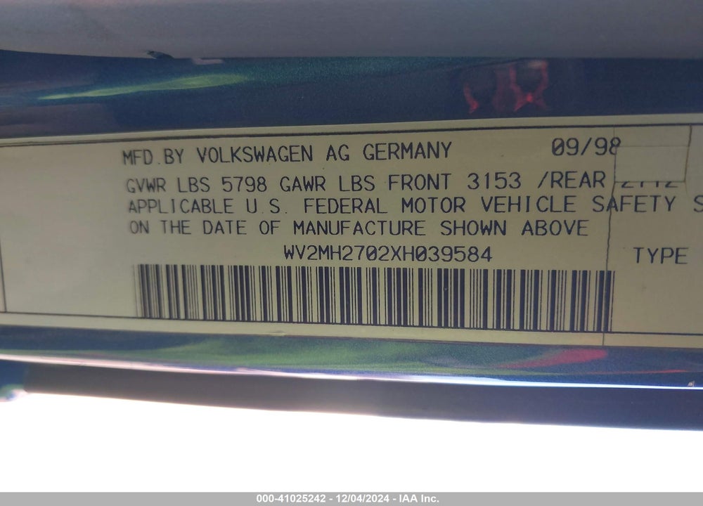 1999 VOLKSWAGEN EUROVAN MV VIN: WV2MH2702XH039584