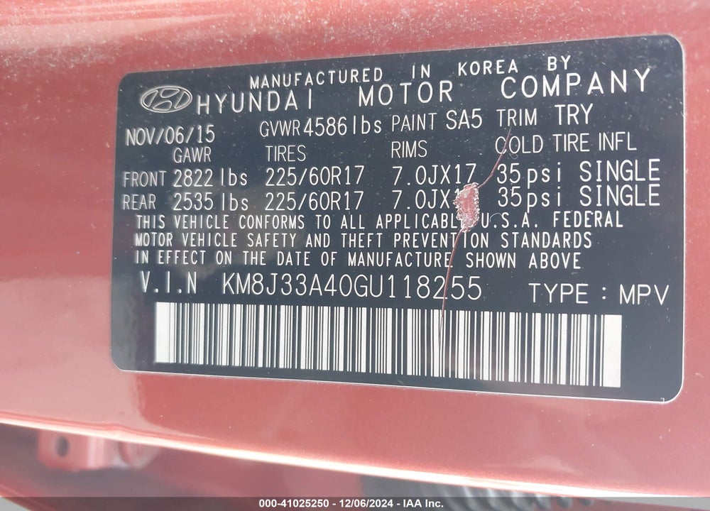 2016 HYUNDAI TUCSON VIN: KM8J33A40GU118255