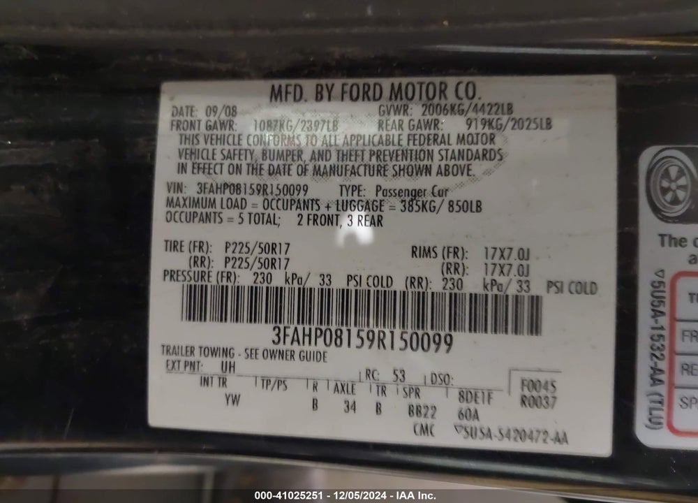 2009 FORD FUSION SEL VIN: 3FAHP08159R150099