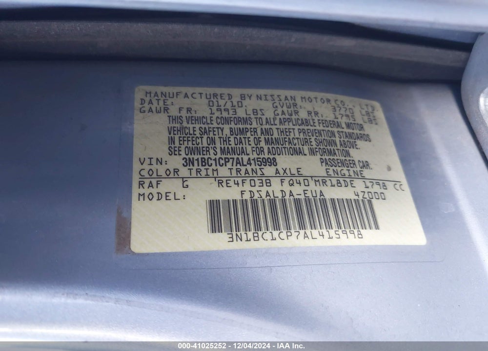 2010 NISSAN VERSA 1.8S VIN: 3N1BC1CP7AL415998