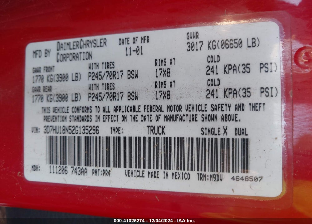 2002 DODGE RAM 1500 ST VIN: 3D7HU18N52G135296