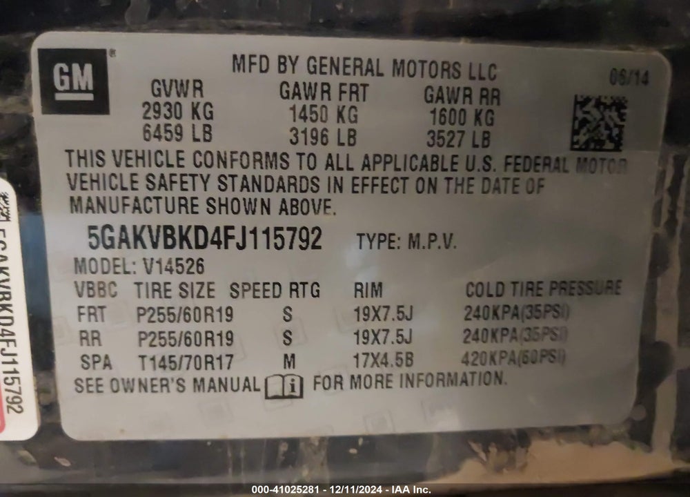 2015 BUICK ENCLAVE LEATHER VIN: 5GAKVBKD4FJ115792