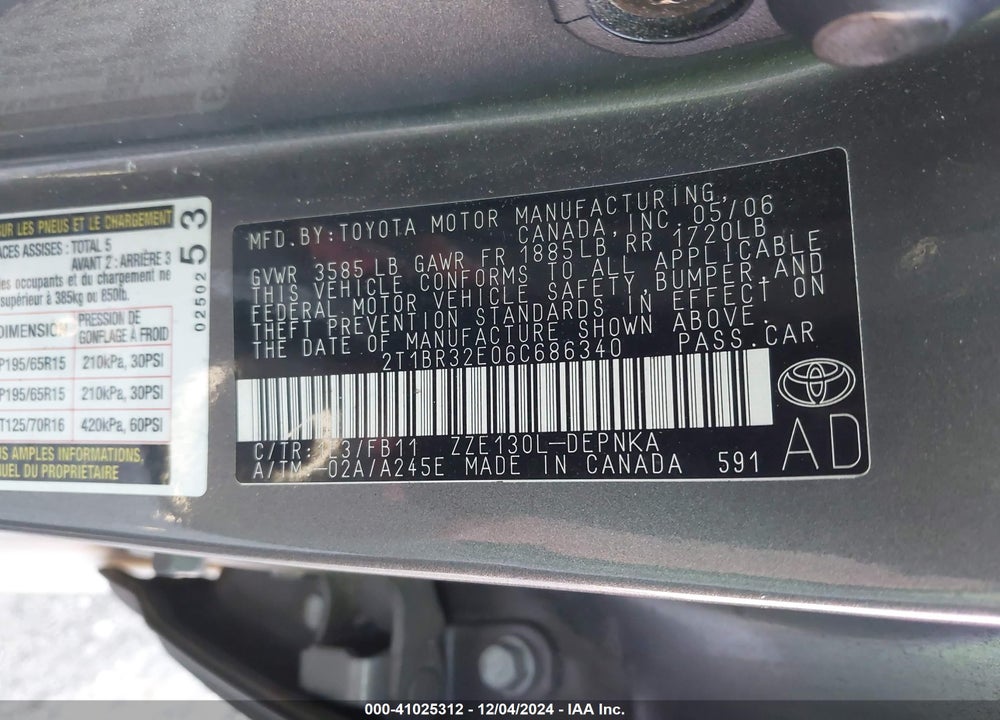 2006 TOYOTA COROLLA LE VIN: 2T1BR32E06C686340