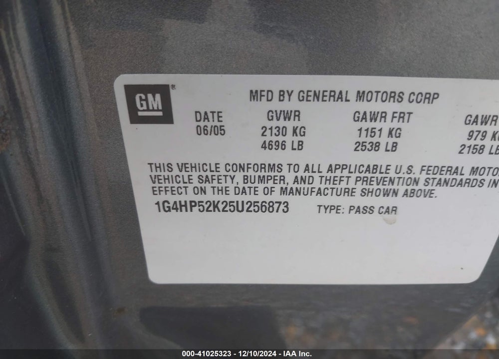 2005 BUICK LESABRE CUSTOM VIN: 1G4HP52K25U256873