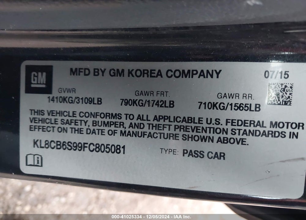 2015 CHEVROLET SPARK LS CVT VIN: KL8CB6S99FC805081