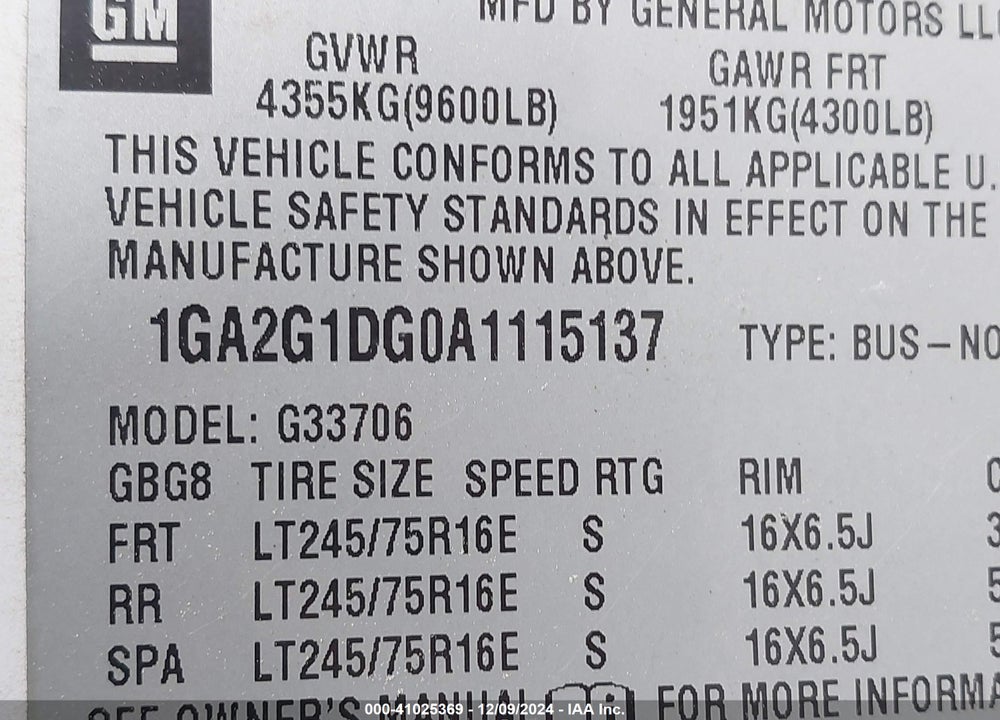 2010 CHEVROLET EXPRESS 3500 LT VIN: 1GA2G1DG0A1115137