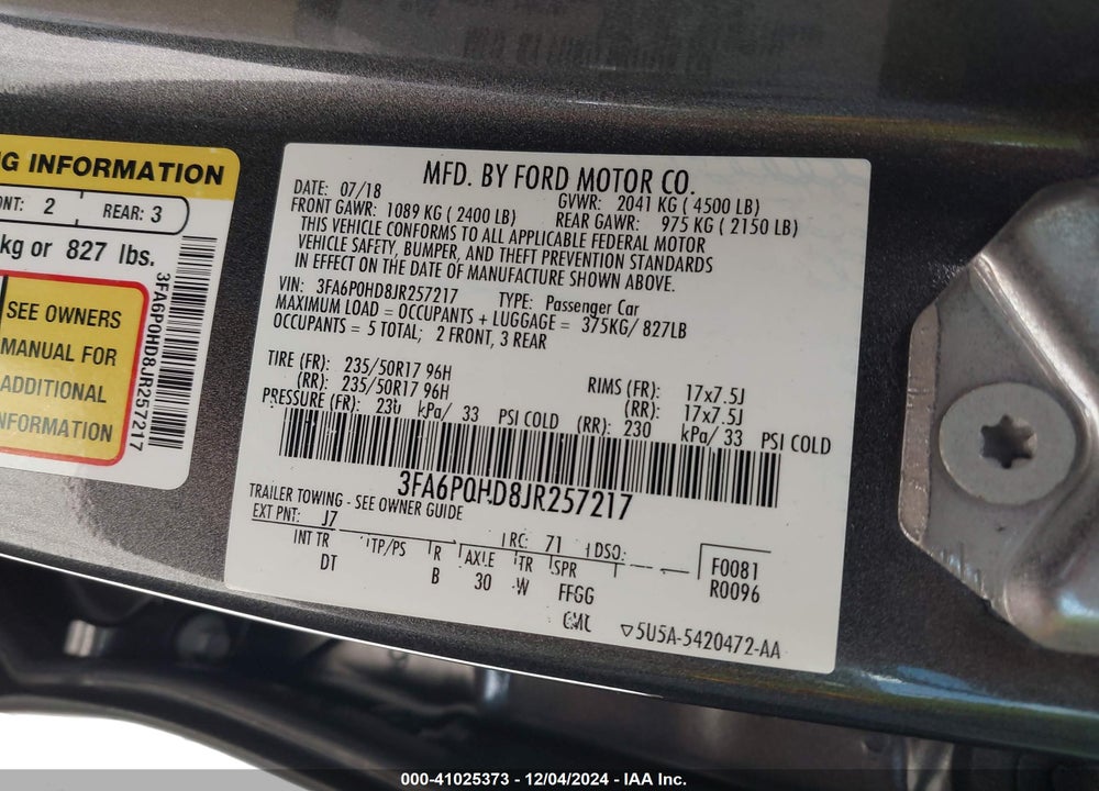 2018 FORD FUSION SE VIN: 3FA6P0HD8JR257217