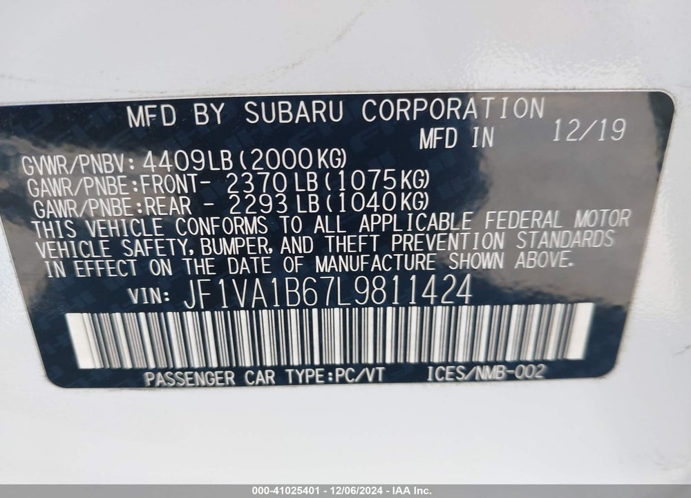 2020 SUBARU WRX PREMIUM VIN: JF1VA1B67L9811424