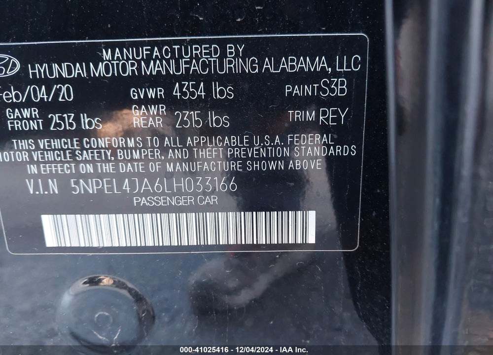 2020 HYUNDAI SONATA SEL VIN: 5NPEL4JA6LH033166