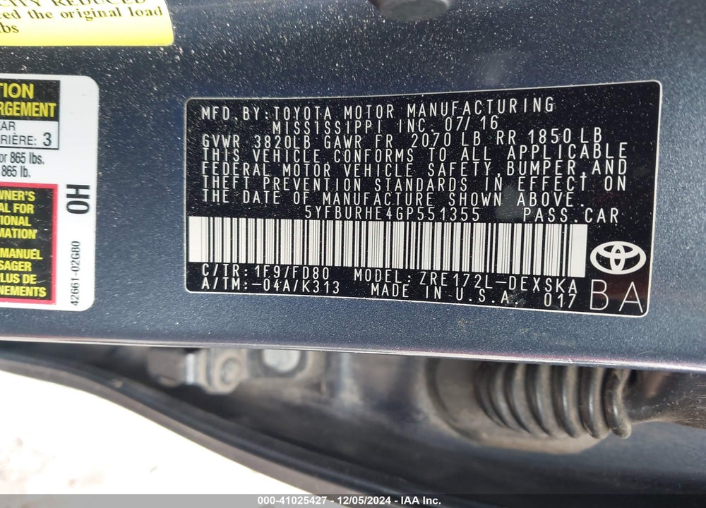 2016 TOYOTA COROLLA S PLUS VIN: 5YFBURHE4GP551355