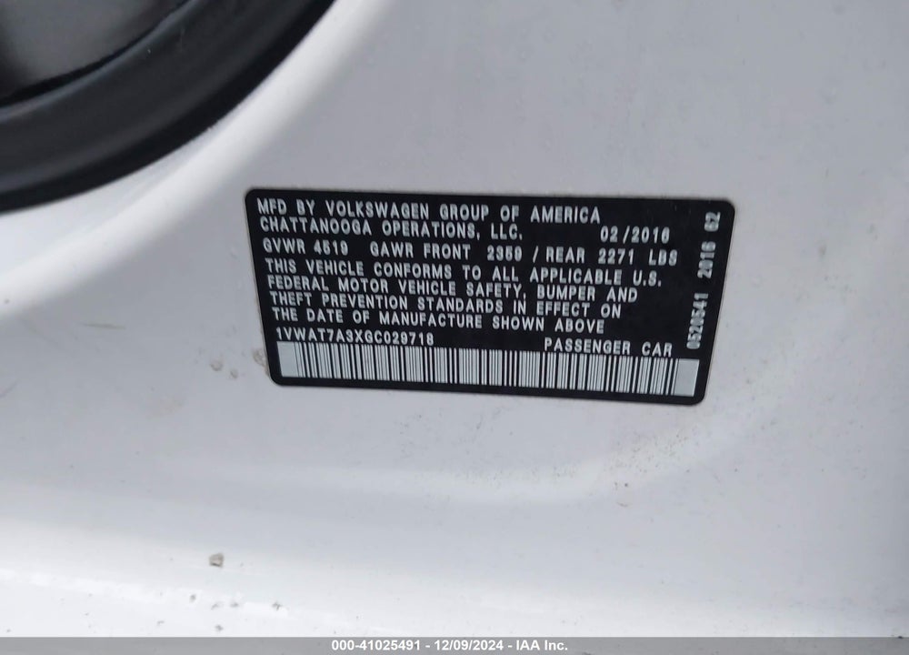 2016 VOLKSWAGEN PASSAT 1.8T S VIN: 1VWAT7A3XGC029718
