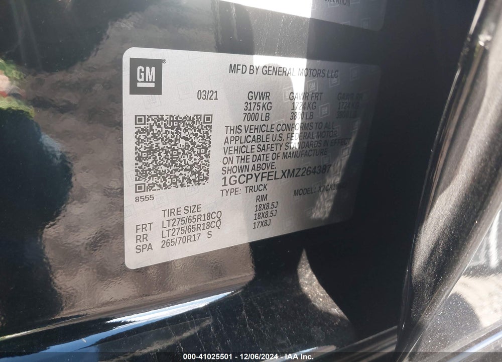 2021 CHEVROLET SILVERADO 1500 4WD SHORT BED LT TRAIL BOSS VIN: 1GCPYFELXMZ264387