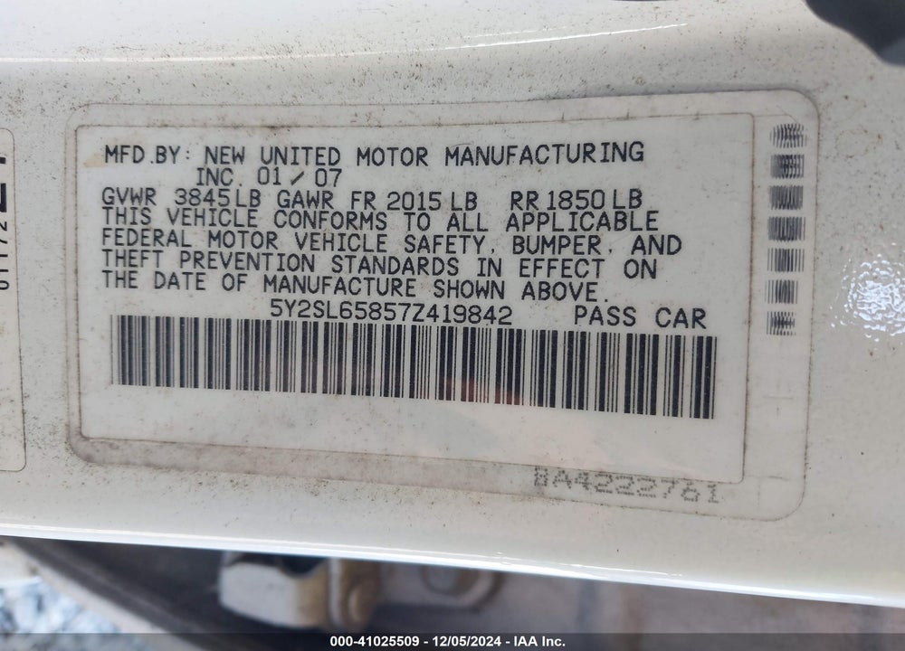 2007 PONTIAC VIBE VIN: 5Y2SL65857Z419842