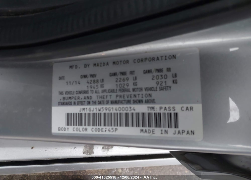 2016 MAZDA 6 I GRAND TOURING VIN: JM1GJ1W59G1400034