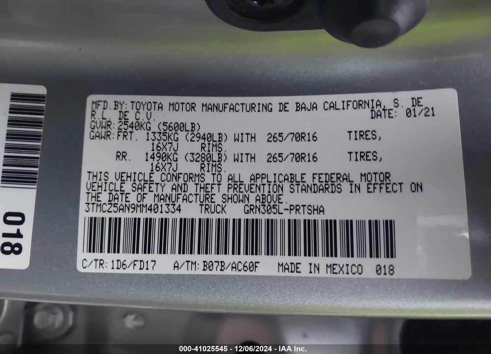 2021 TOYOTA TACOMA TRD OFF ROAD VIN: 3TMCZ5AN9MM401334