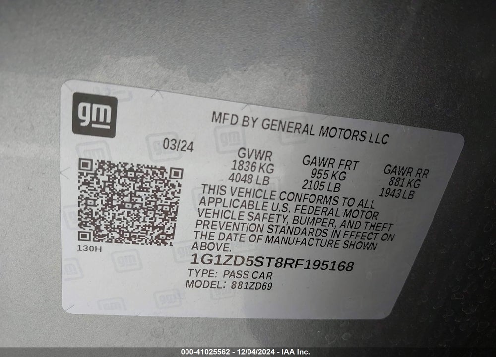 2024 CHEVROLET MALIBU FWD 1LT VIN: 1G1ZD5ST8RF195168